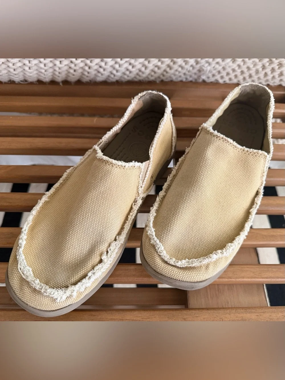 CROCS Beige Canvas Slip-On Shoes with Frayed Trim